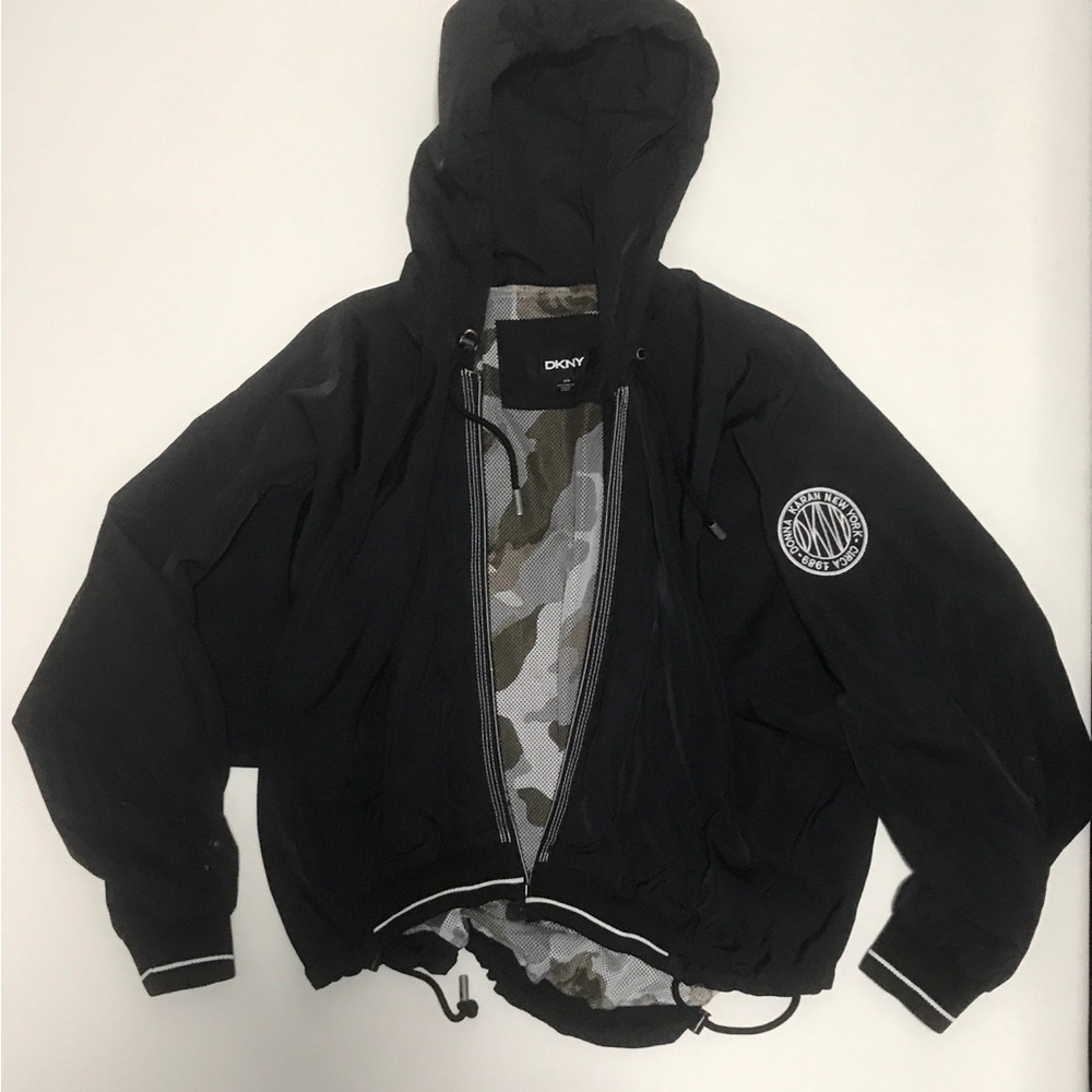 DKNY Black Hooded Jacket with Camo Lining